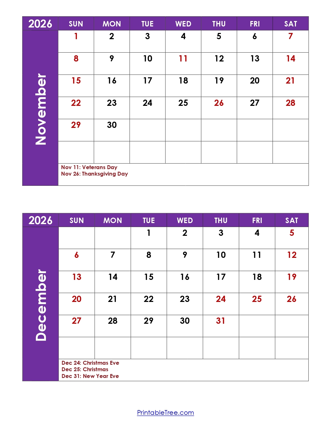 november and december 2026 calendar printable pdf 2 month