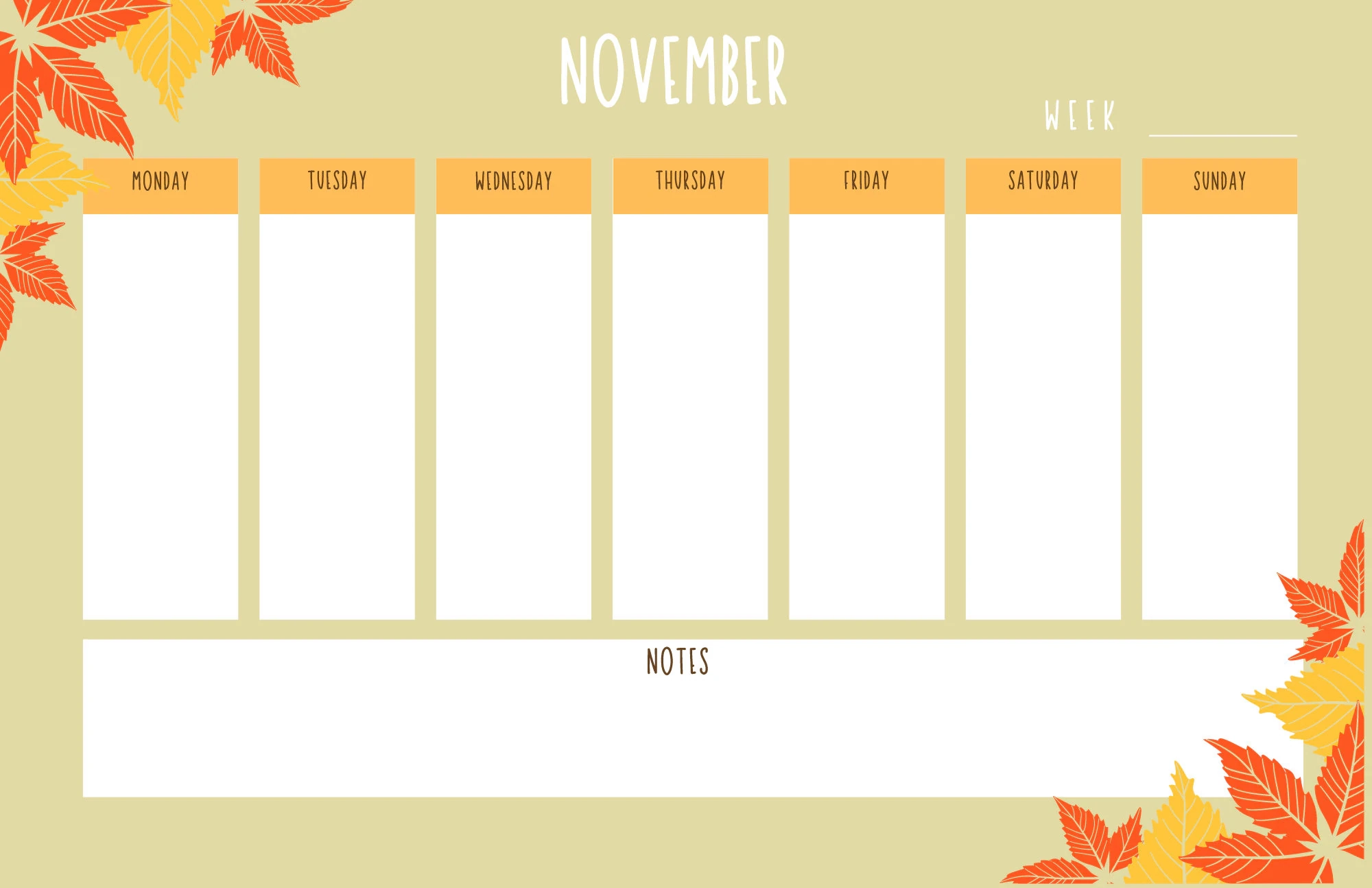 November Blank Weekly Calendar Fall Leaves Printable Instant 