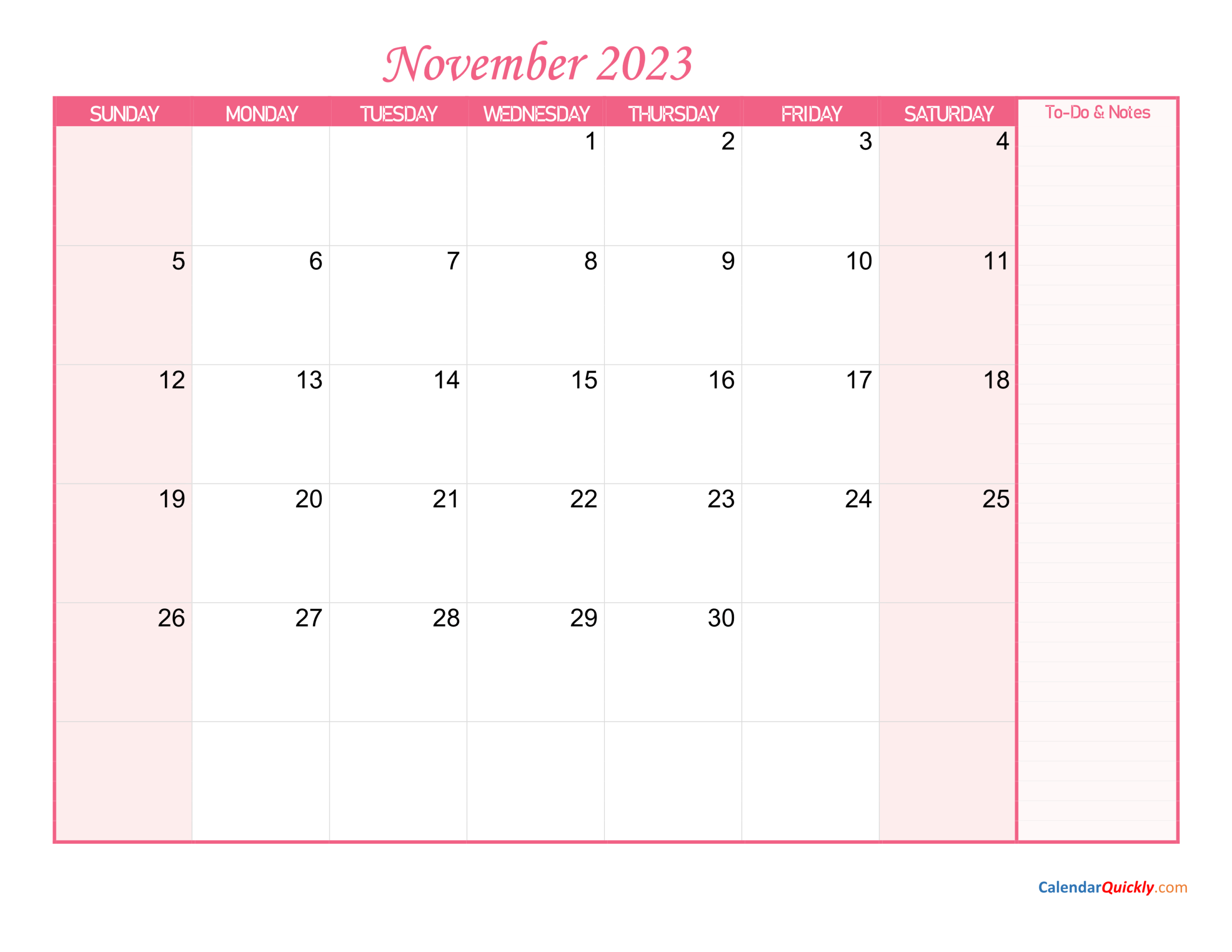 November Calendar 2023 With Notes Calendar Quickly