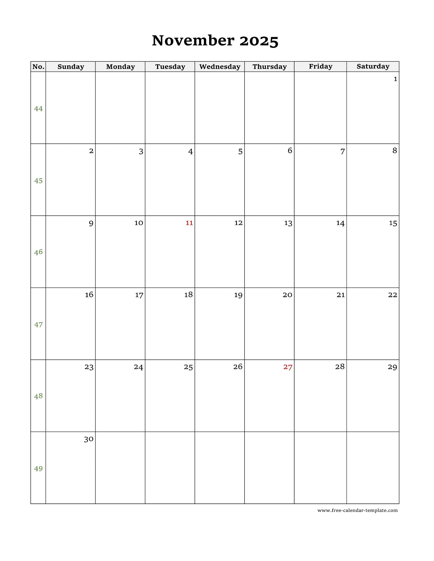 November Blank Calendar Printable