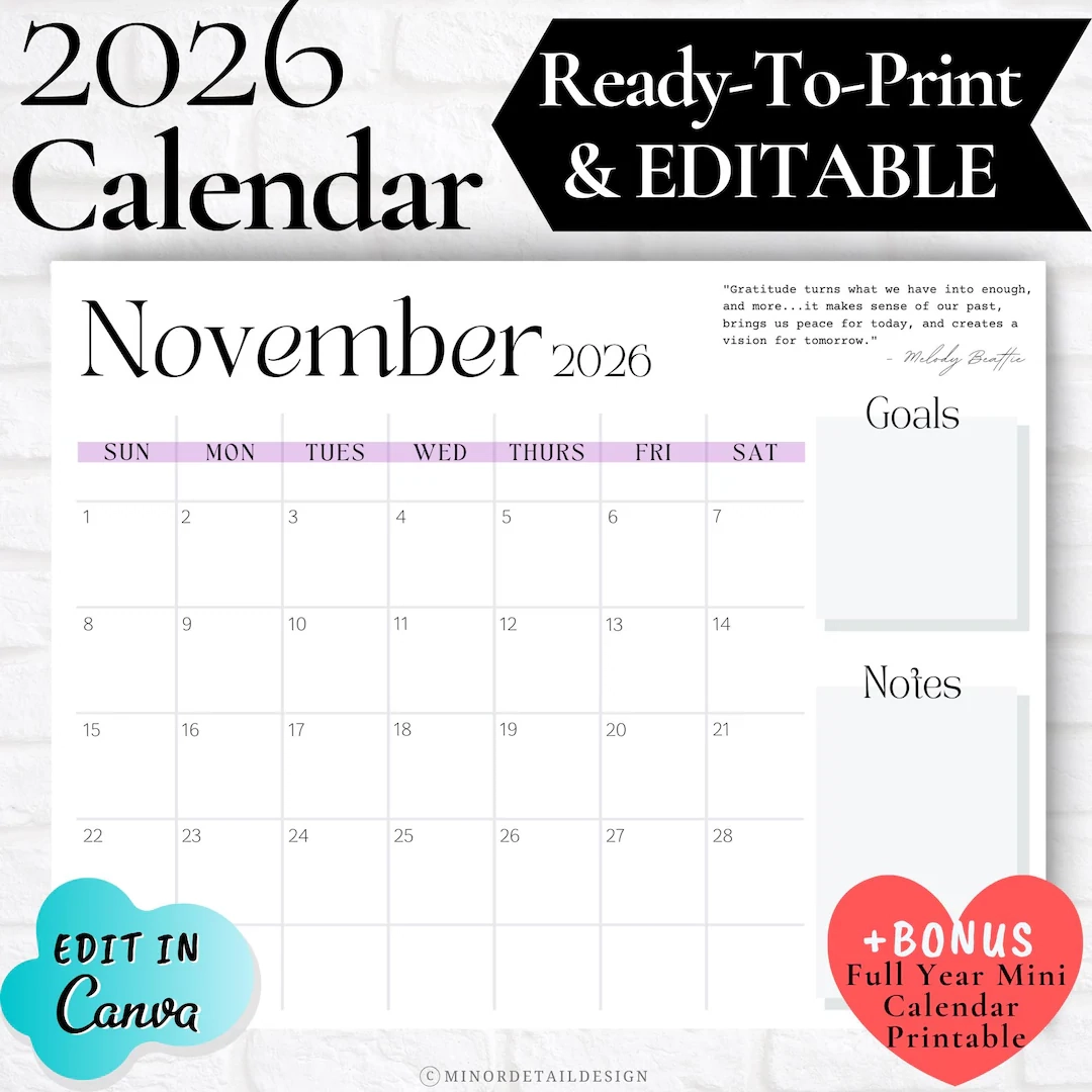 NOVEMBER CALENDAR 2026 November 2026 Printable Calendar November 