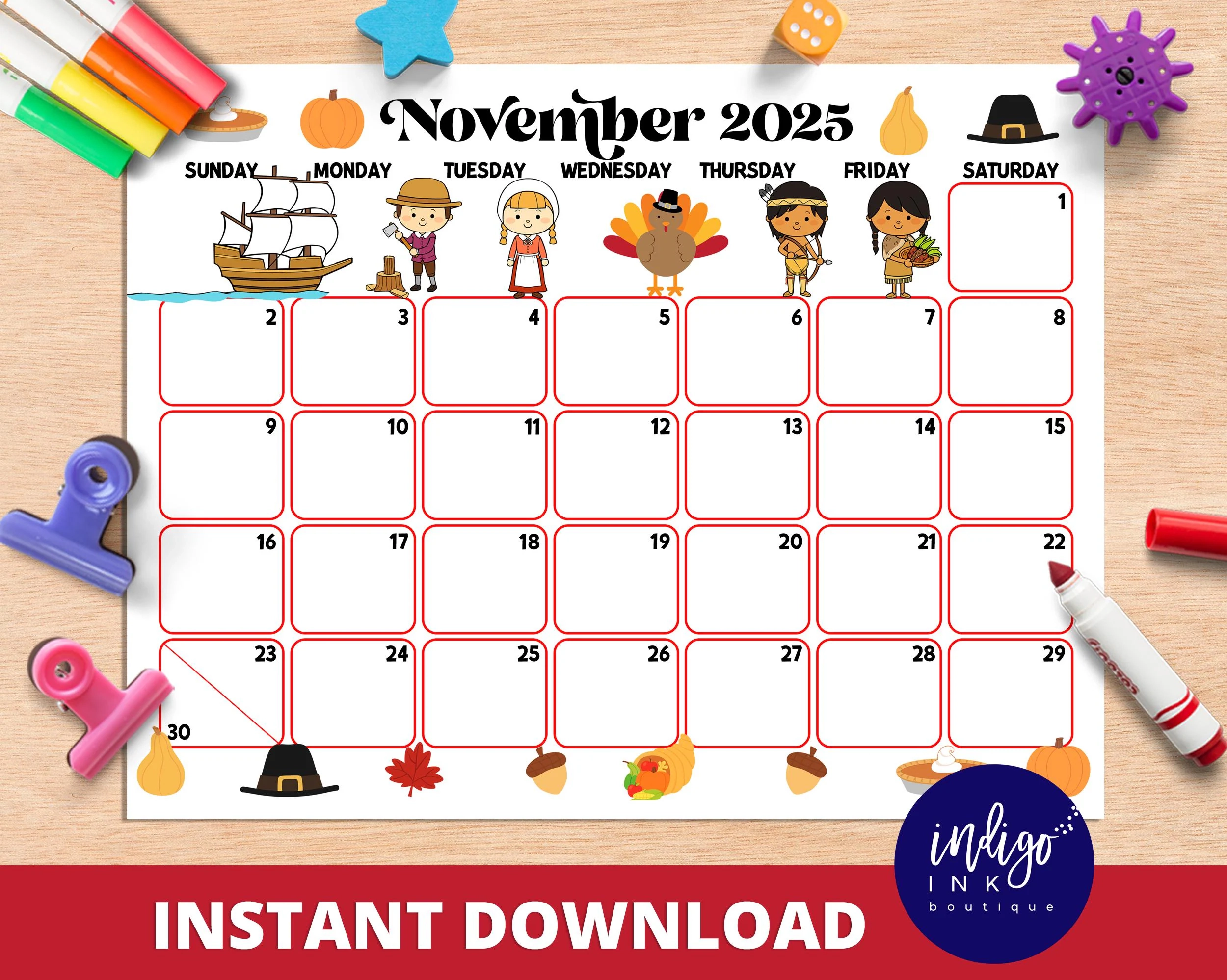 November Calendar INSTANT DOWNLOAD Monthly Planner Digital 