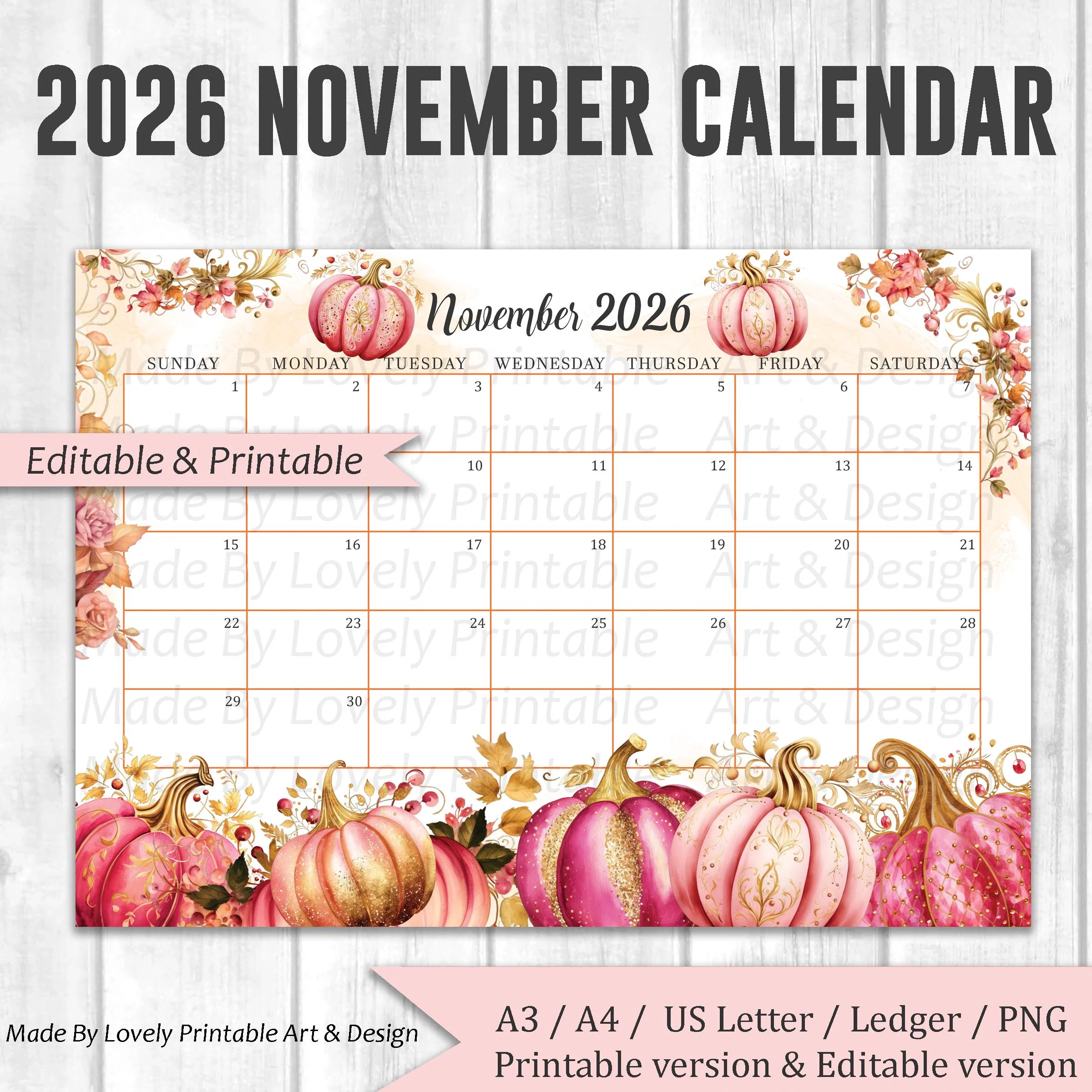 November Calendar Printable Etsy Canada
