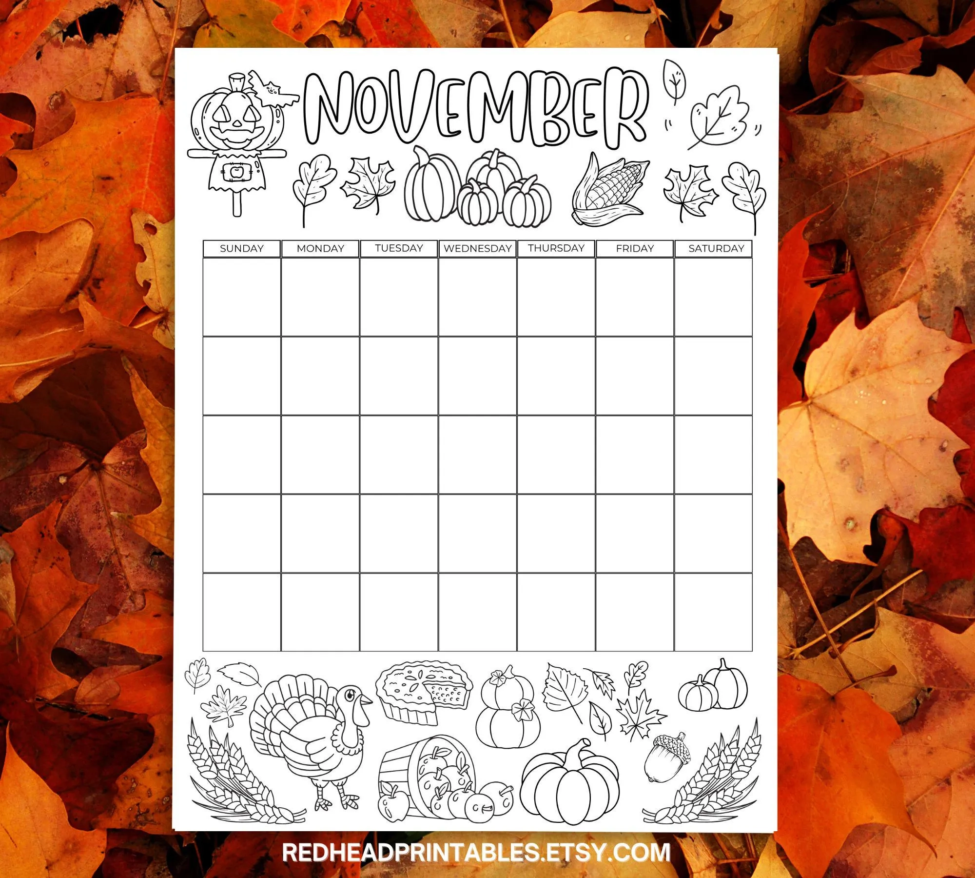 November Coloring Calendar Page UNDATED Printable Thanksgiving Coloring Activity Monthly Calendar Autumn Coloring Activity For Kids