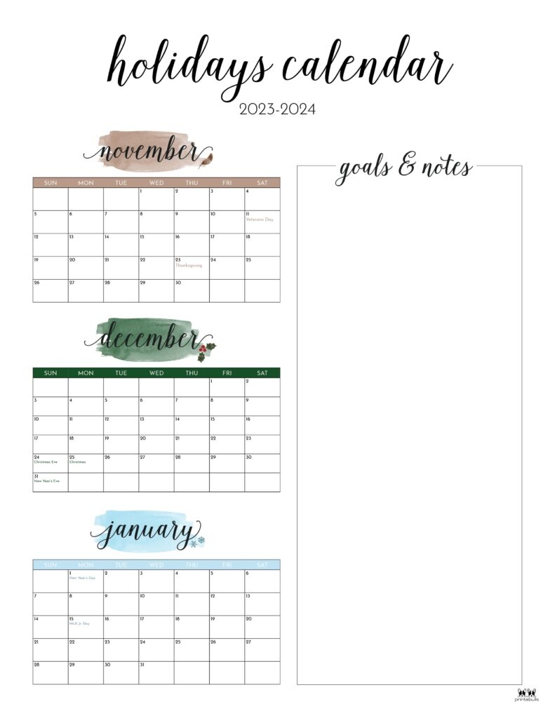 Printable Calendar November December January