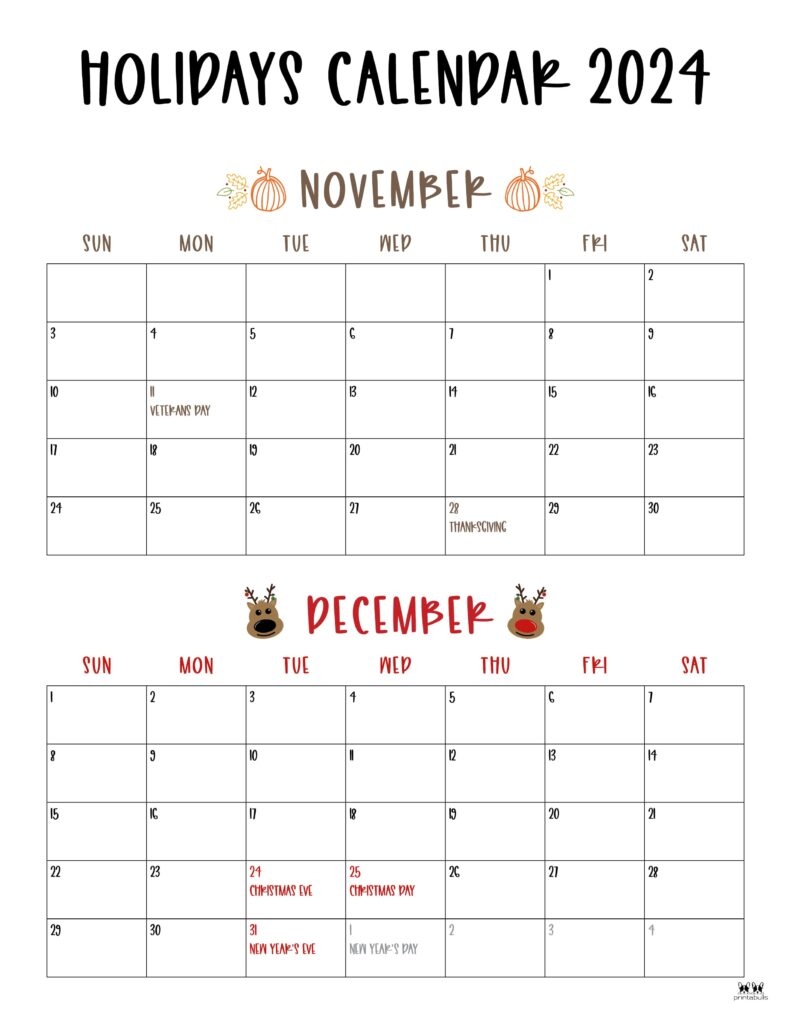 November December 2024 Calendars 28 Printables Printabulls