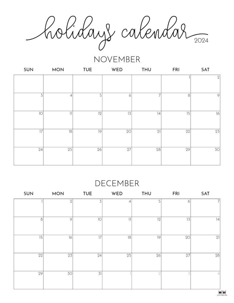 Printable Calendar For November And December