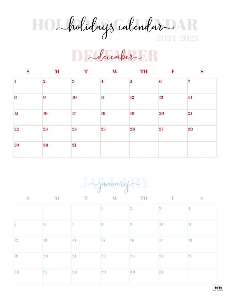 Printable December And January Calendar