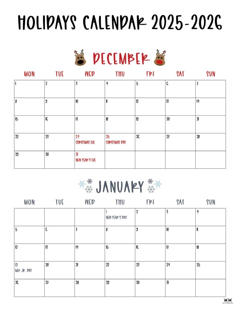 November December 2025 Calendars 28 Printables Printabulls