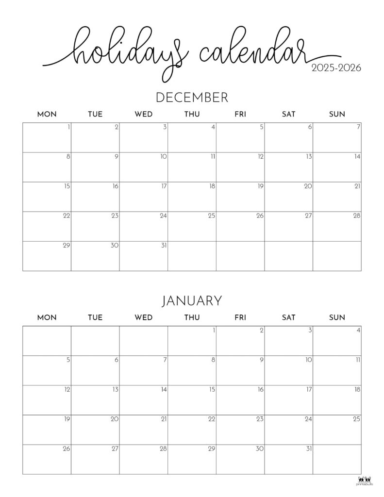 November December 2025 Calendars 28 Printables Printabulls