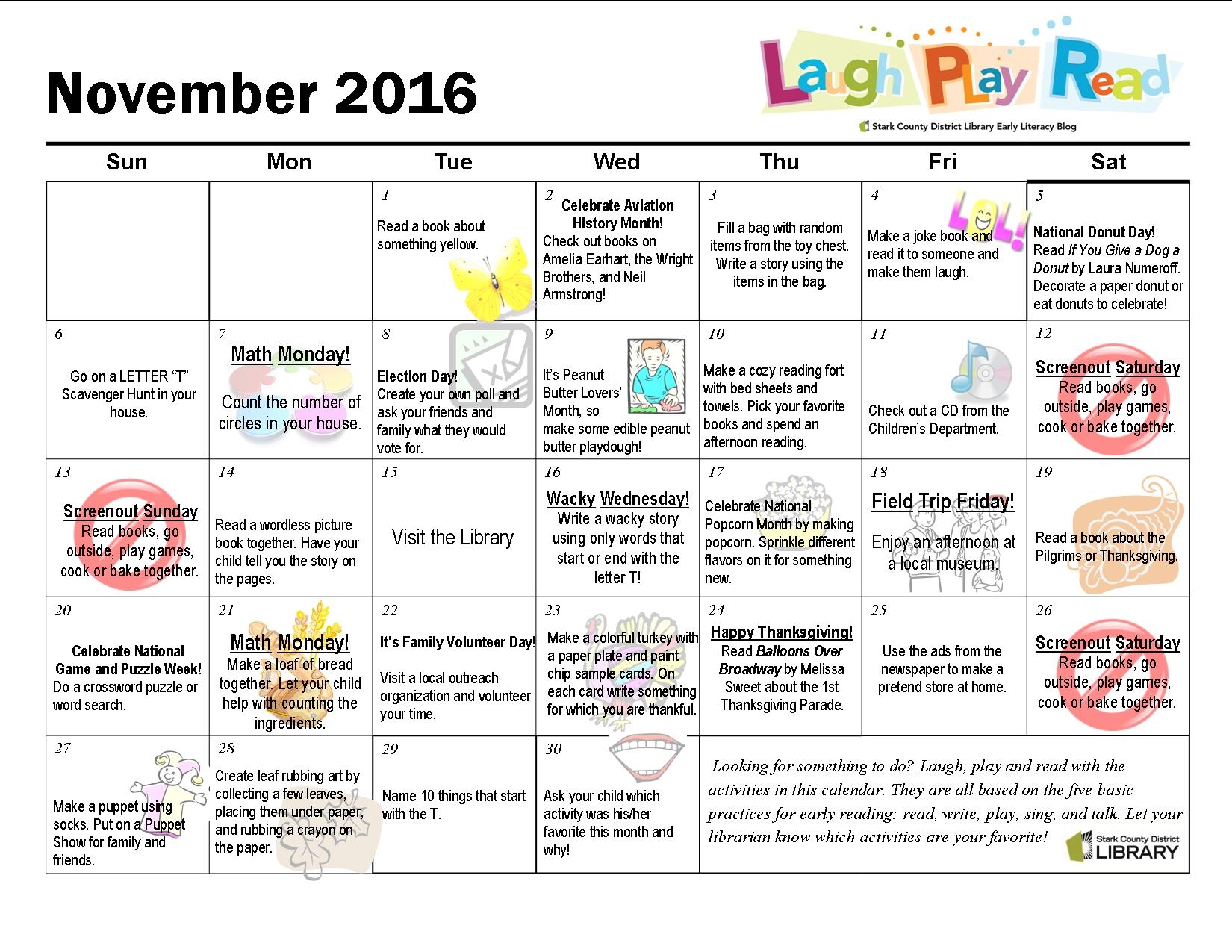 November Monthly Activity Calendar Laughplayread