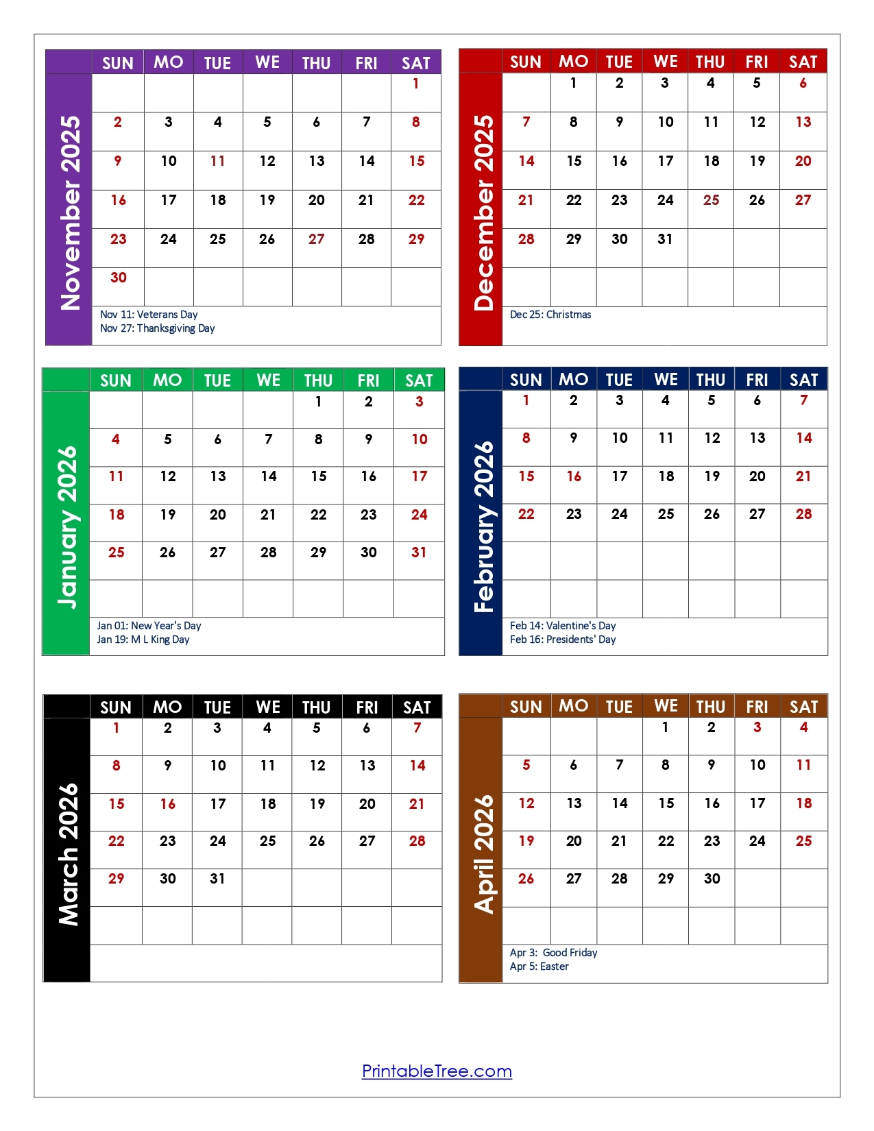 2026 Holiday Calendar Printable November