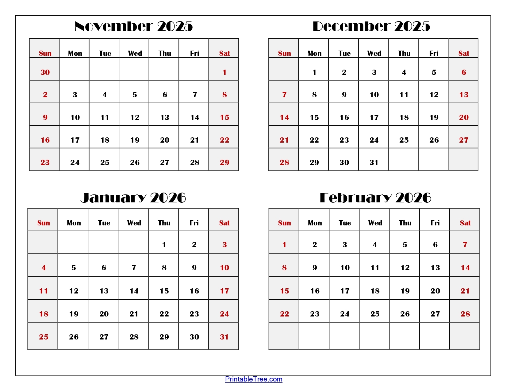 November Through January Printable Calendar