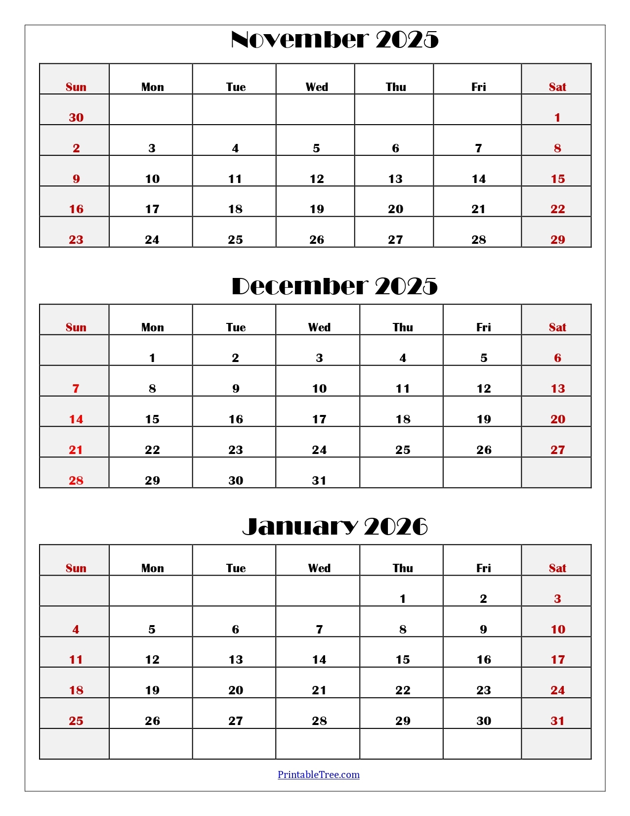 2026 Monthly November Calendar Printable