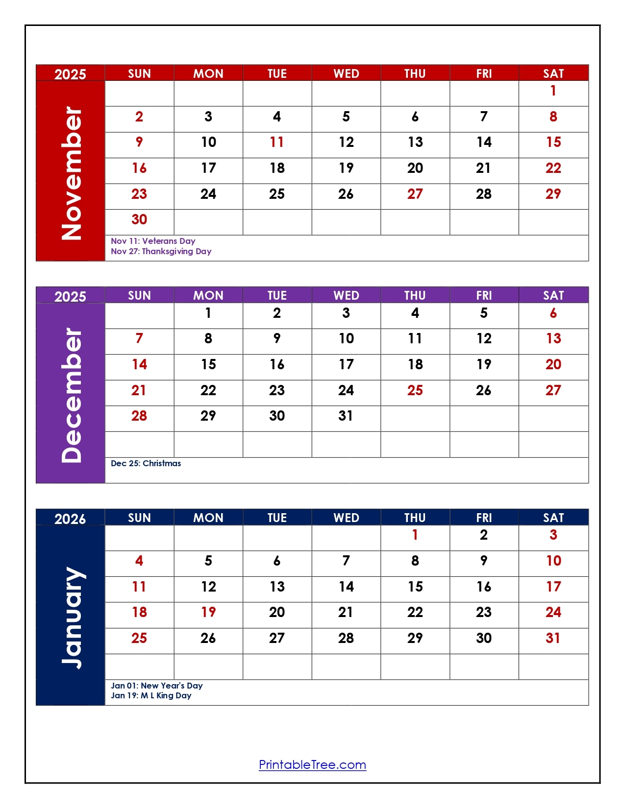 November To January 2026 Calendar Printable PDF Three Months 