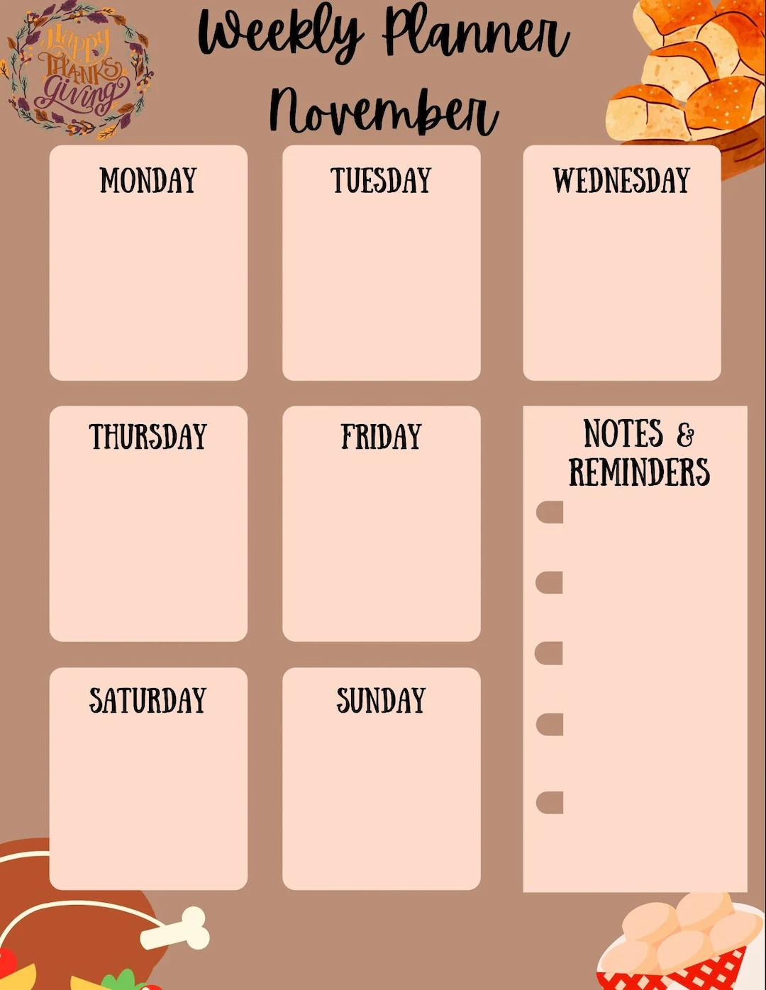 November Weekly Planner Not Dated Printable Thanksgiving Themed 