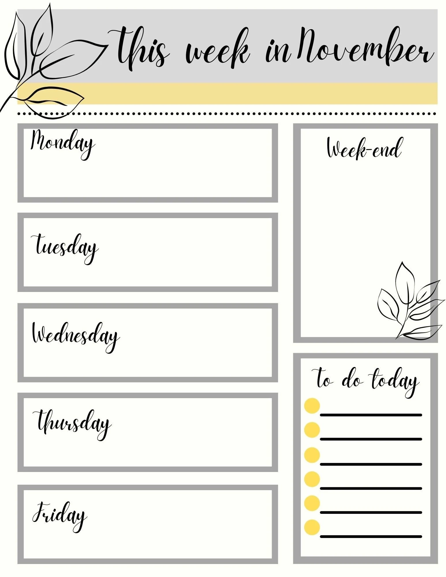 November Weekly Calendar Printable
