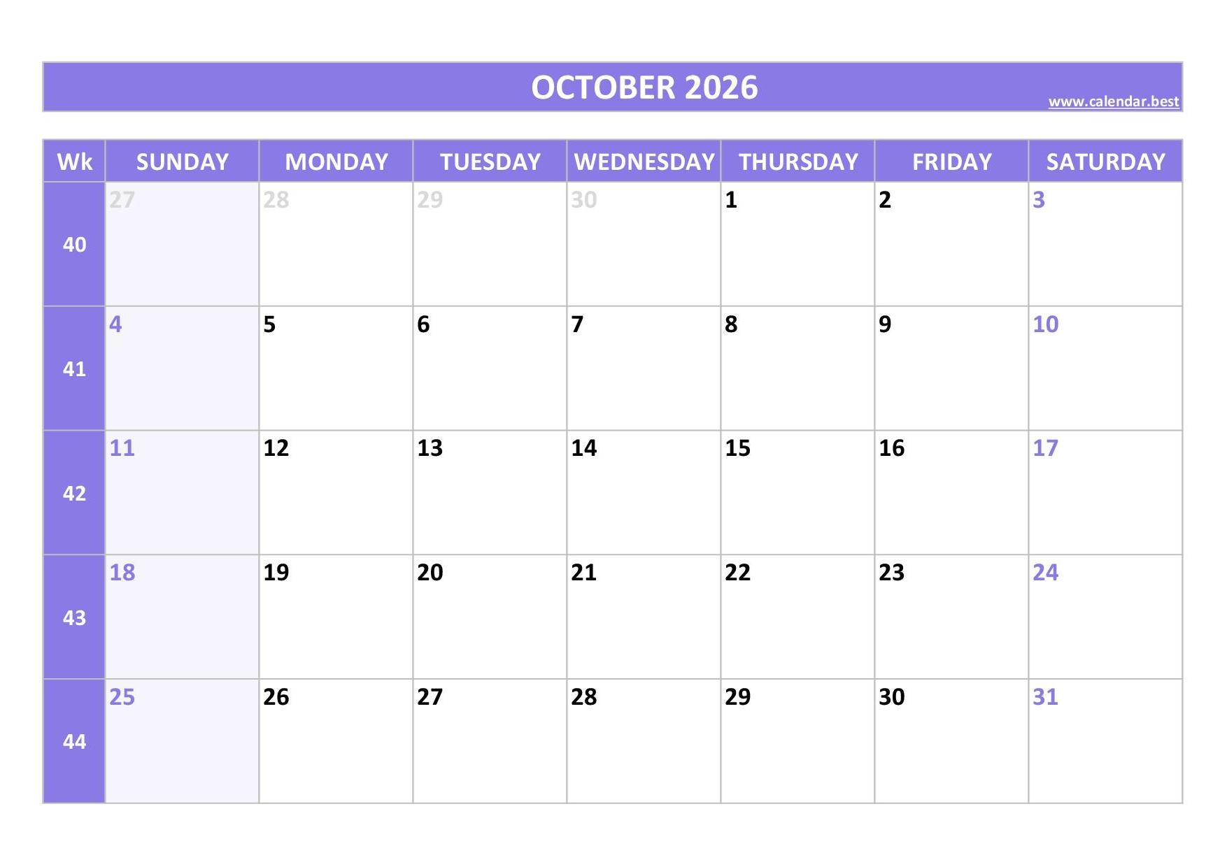 October 2026 Calendar Calendar best