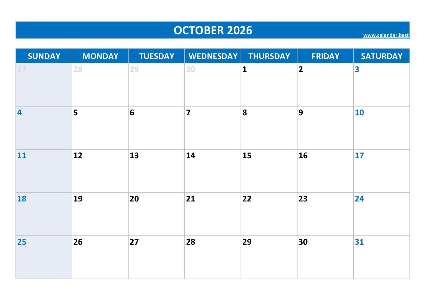 Blank Printable October 2026 Calendar