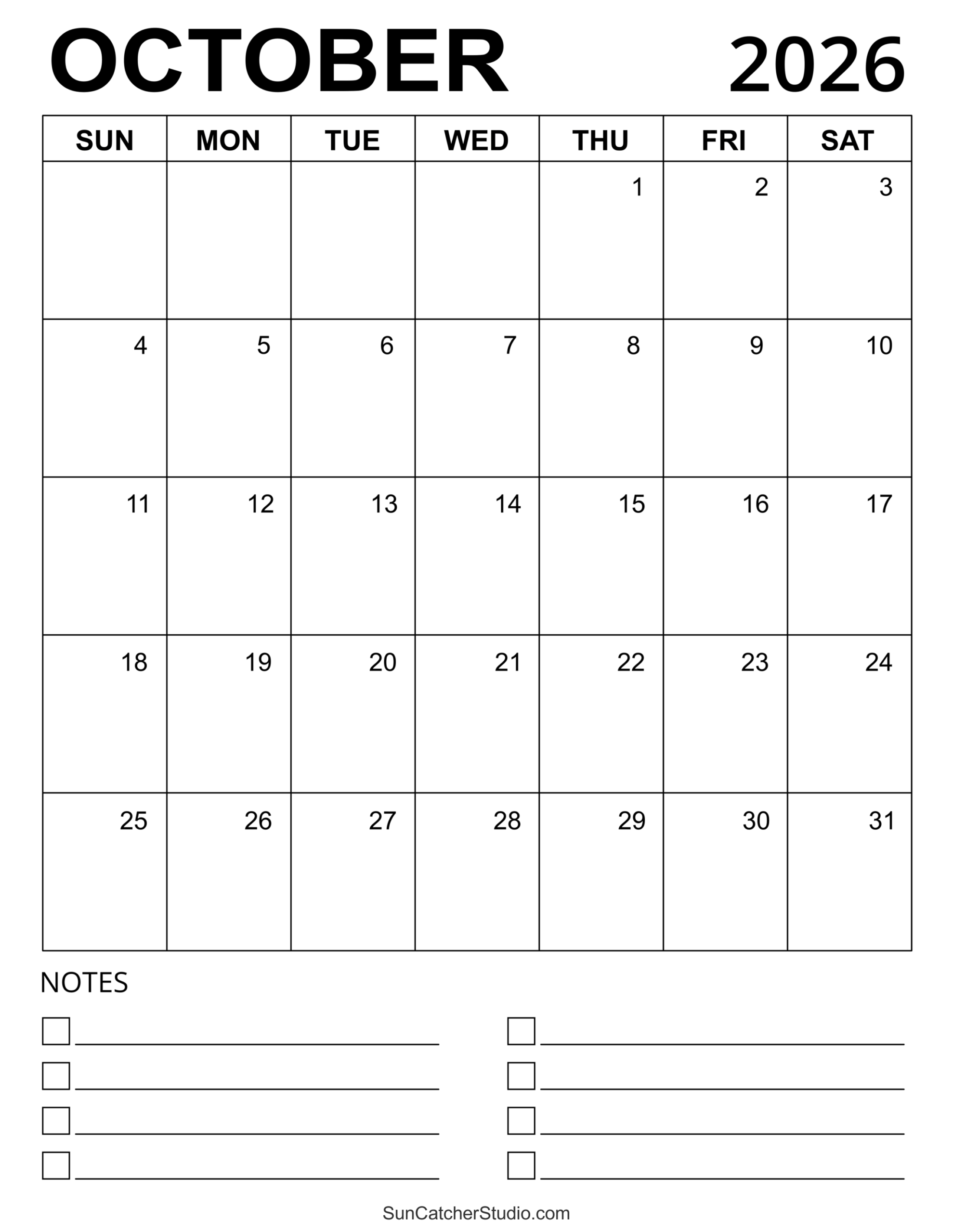 Printable Blank Calendar October 2026