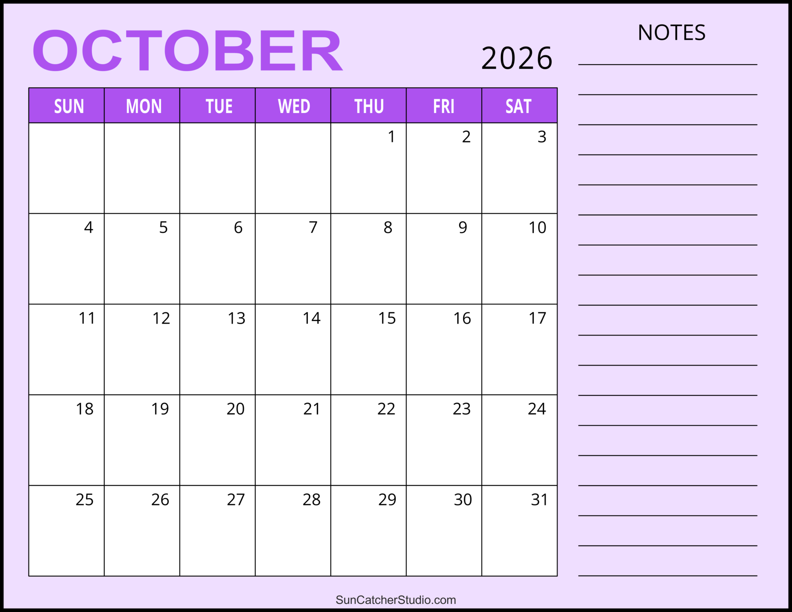 Blank October 2026 Calendar Printable Free Download