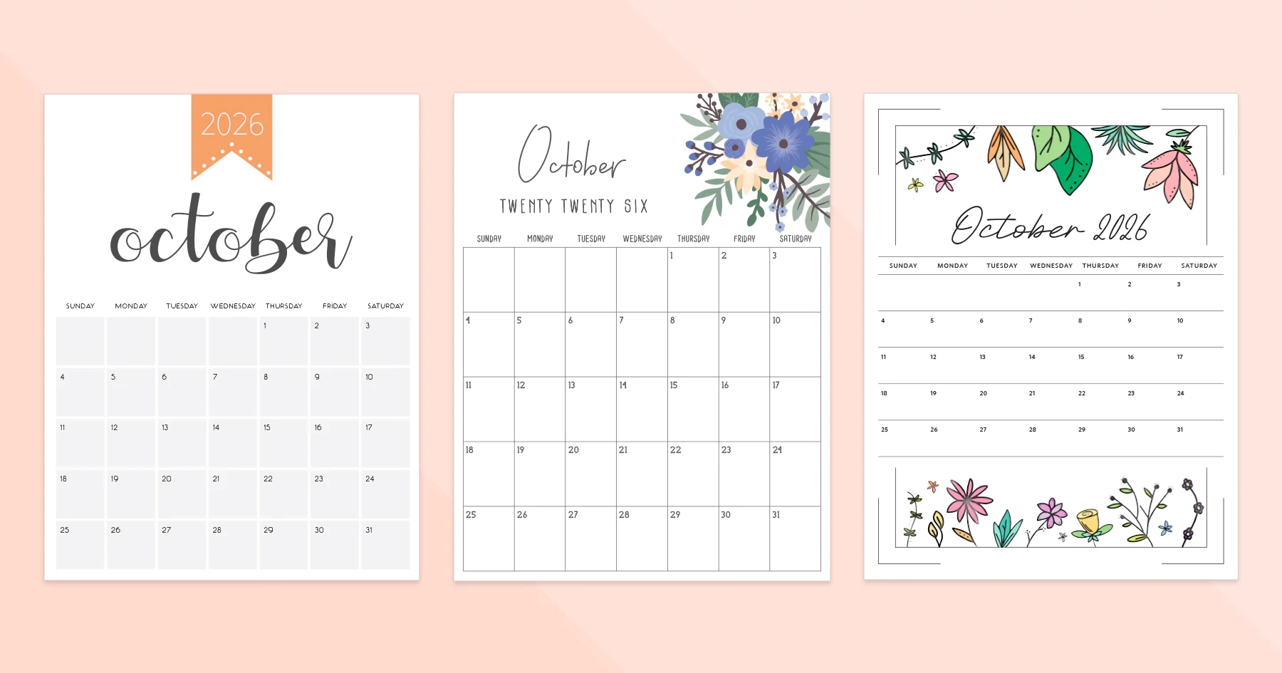 October 2026 Calendar Printable PDF Templates