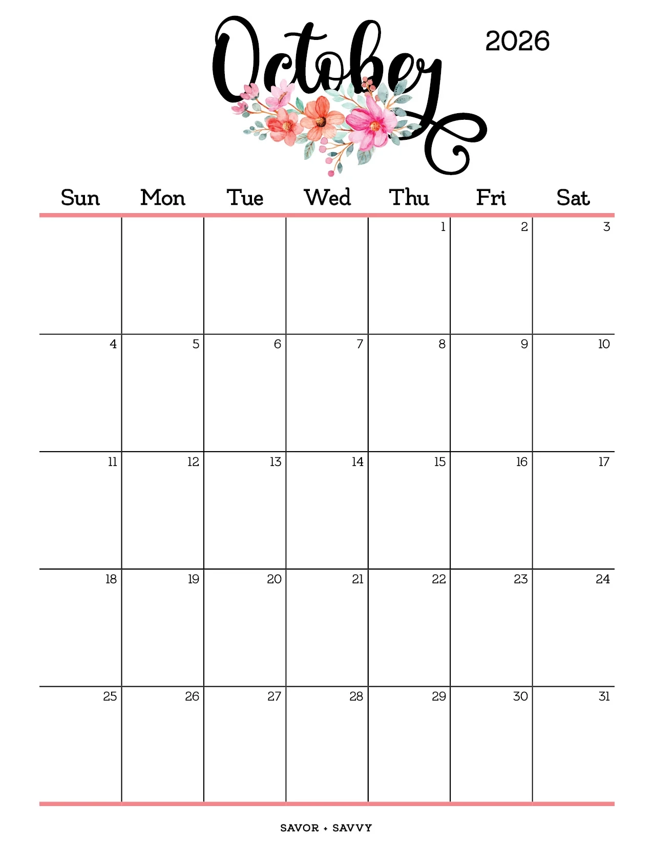 October 2026 Calendar Templates 14 Free Printables Savor Savvy
