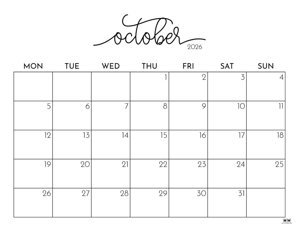 October 2026 Calendars 123 FREE Printables Printabulls