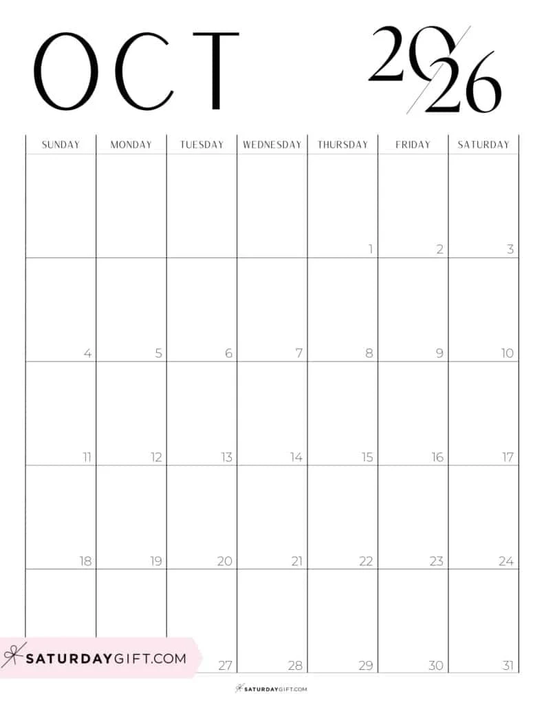 October 2026 Calendars 23 Cute Free Printable PDFs By SaturdayGift