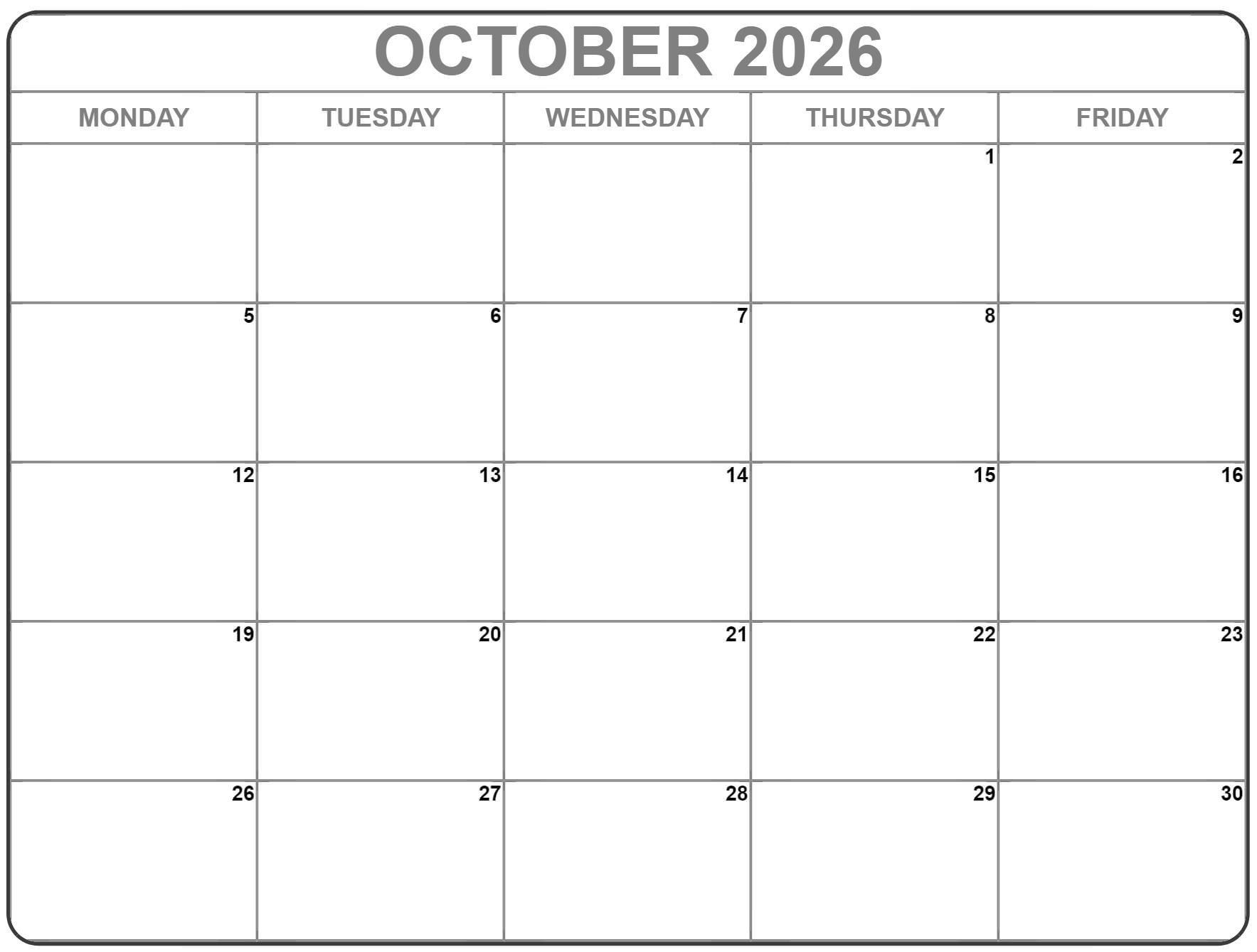 October 2026 Monday Calendar Monday To Sunday