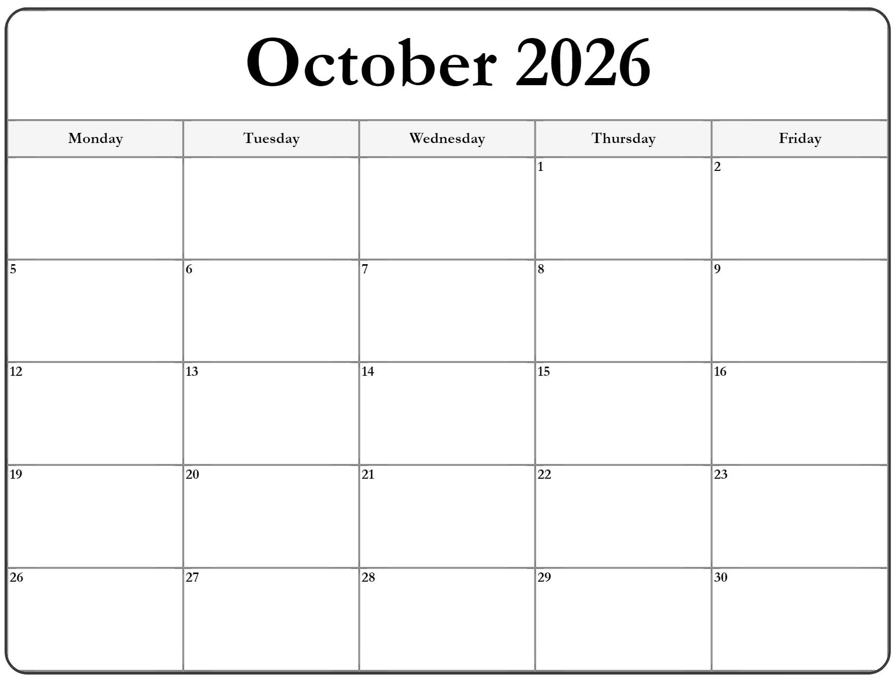 October 2026 Monday Calendar Monday To Sunday