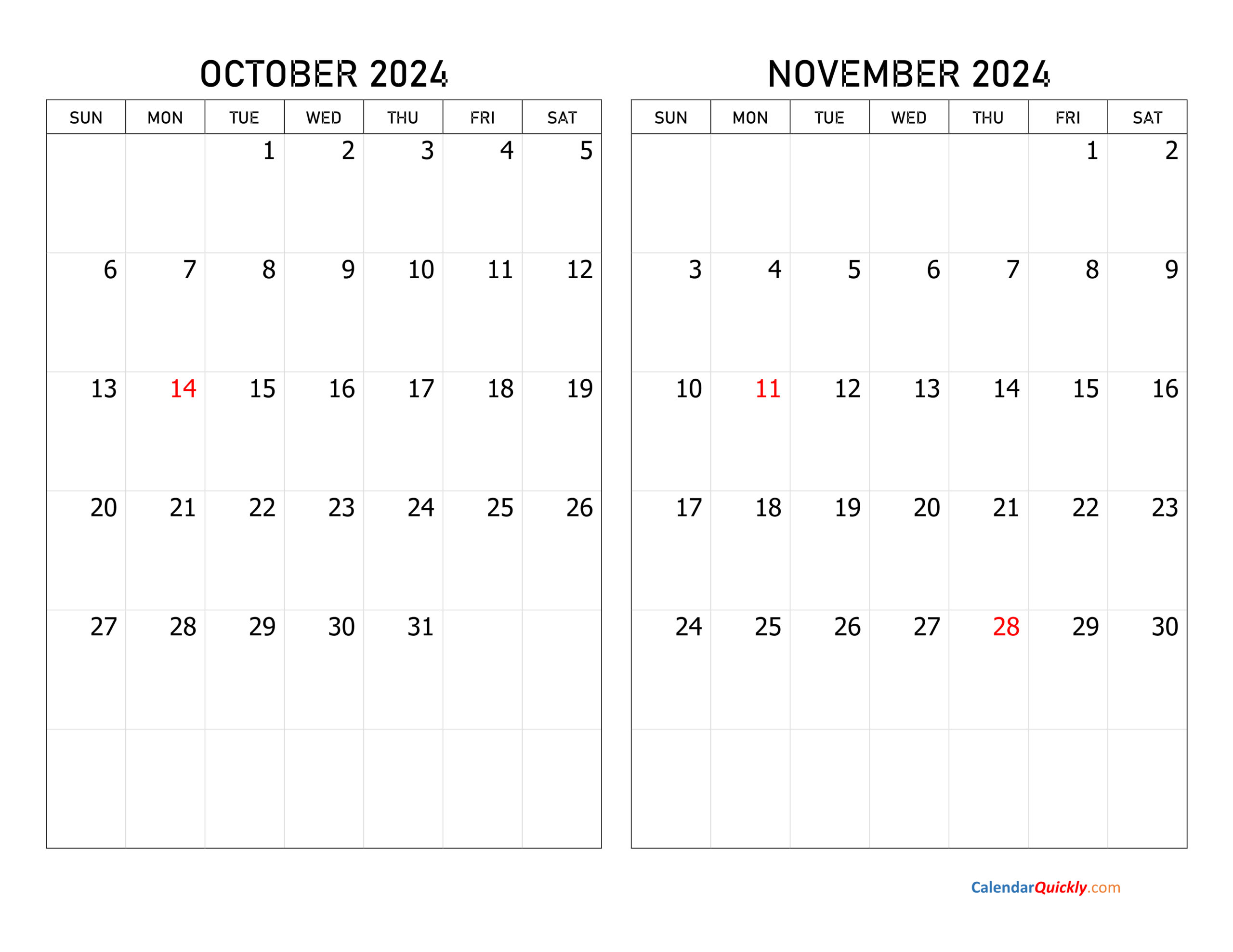 October And November 2024 Calendar Calendar Quickly
