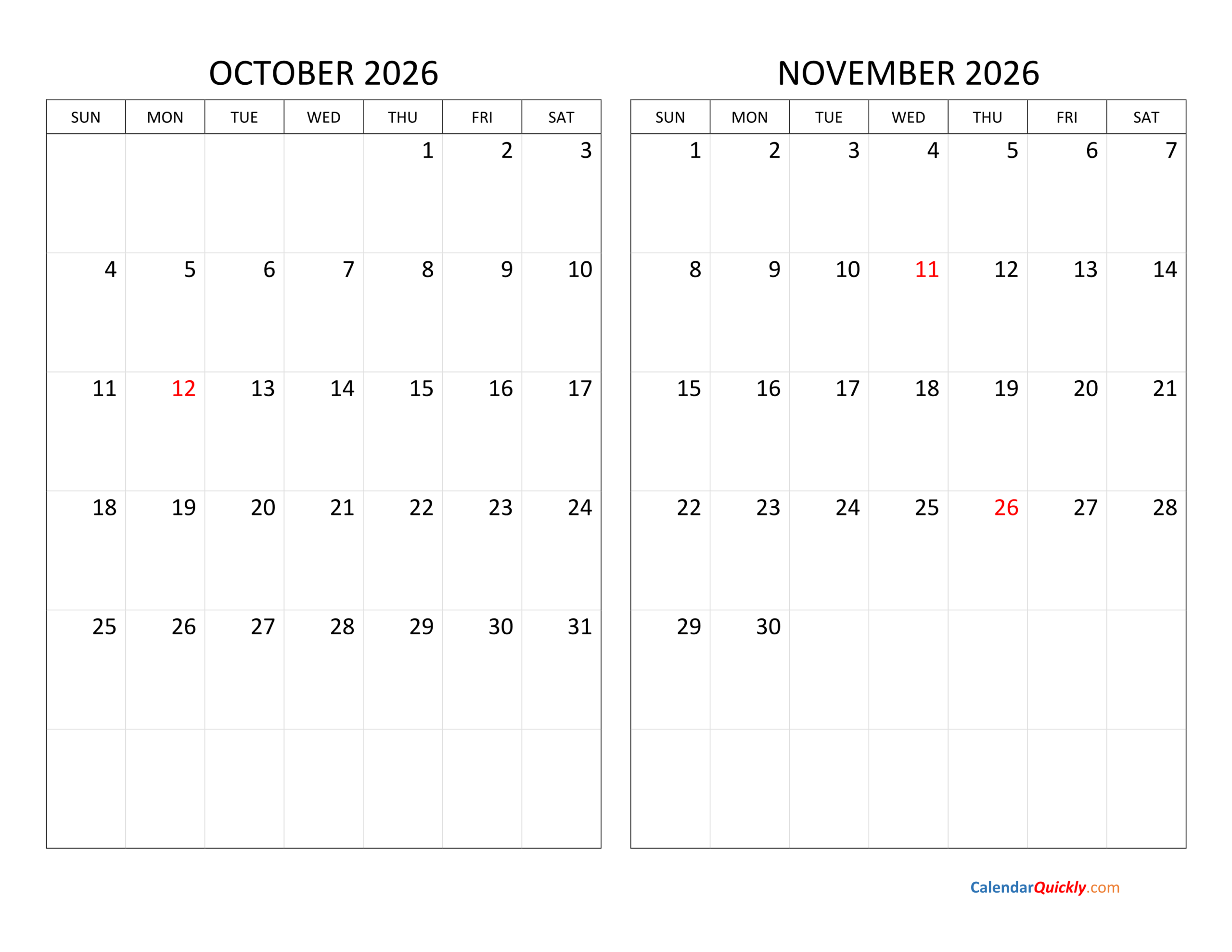 October And November 2026 Calendar Calendar Quickly