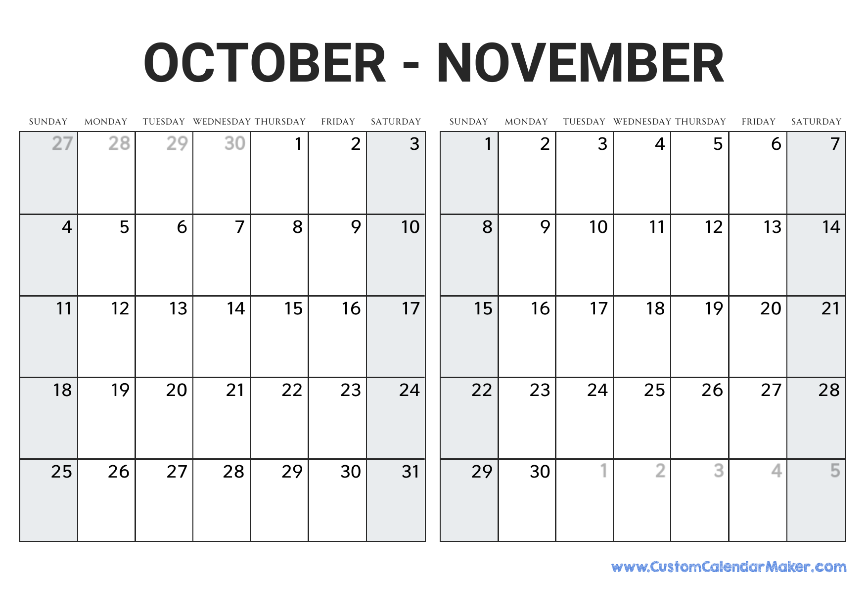 October And November 2026 Calendar Custom Calendar Maker