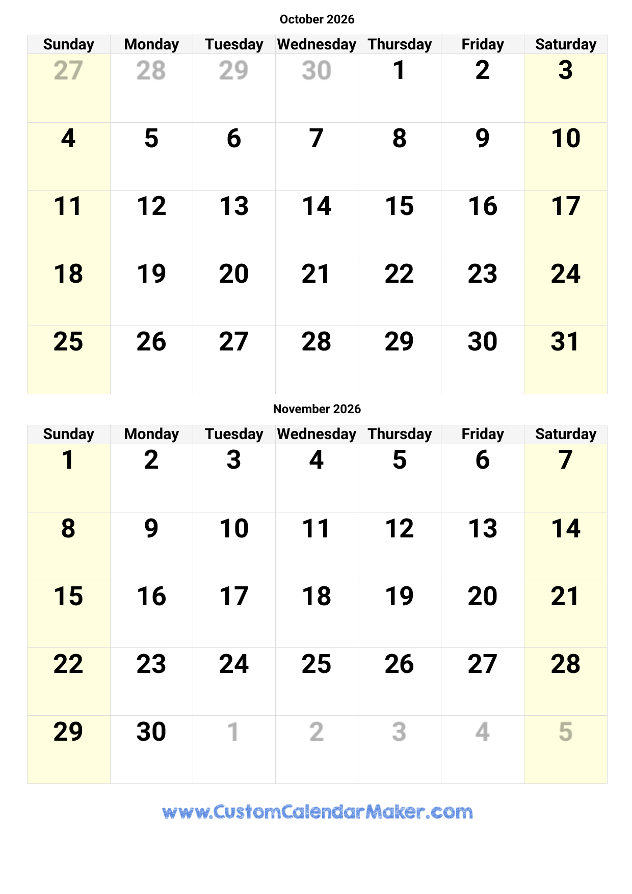 October November Month Calendar Printable