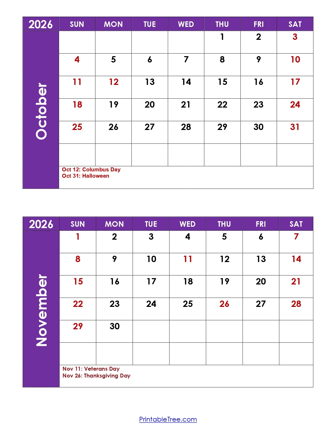 october and november 2026 calendar printable pdf 2 month