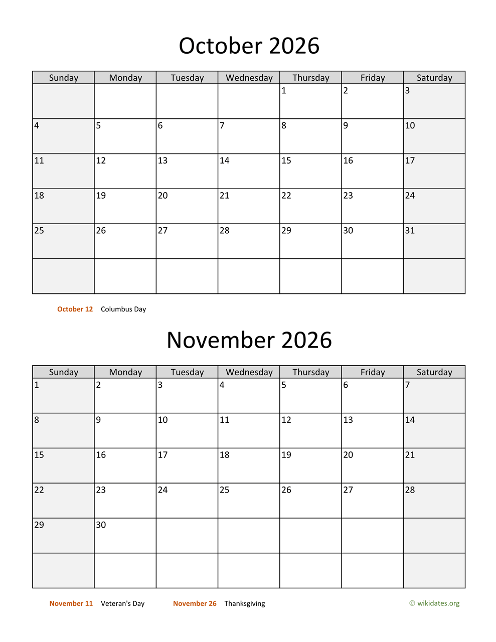 Printable October November 2026 Calendar