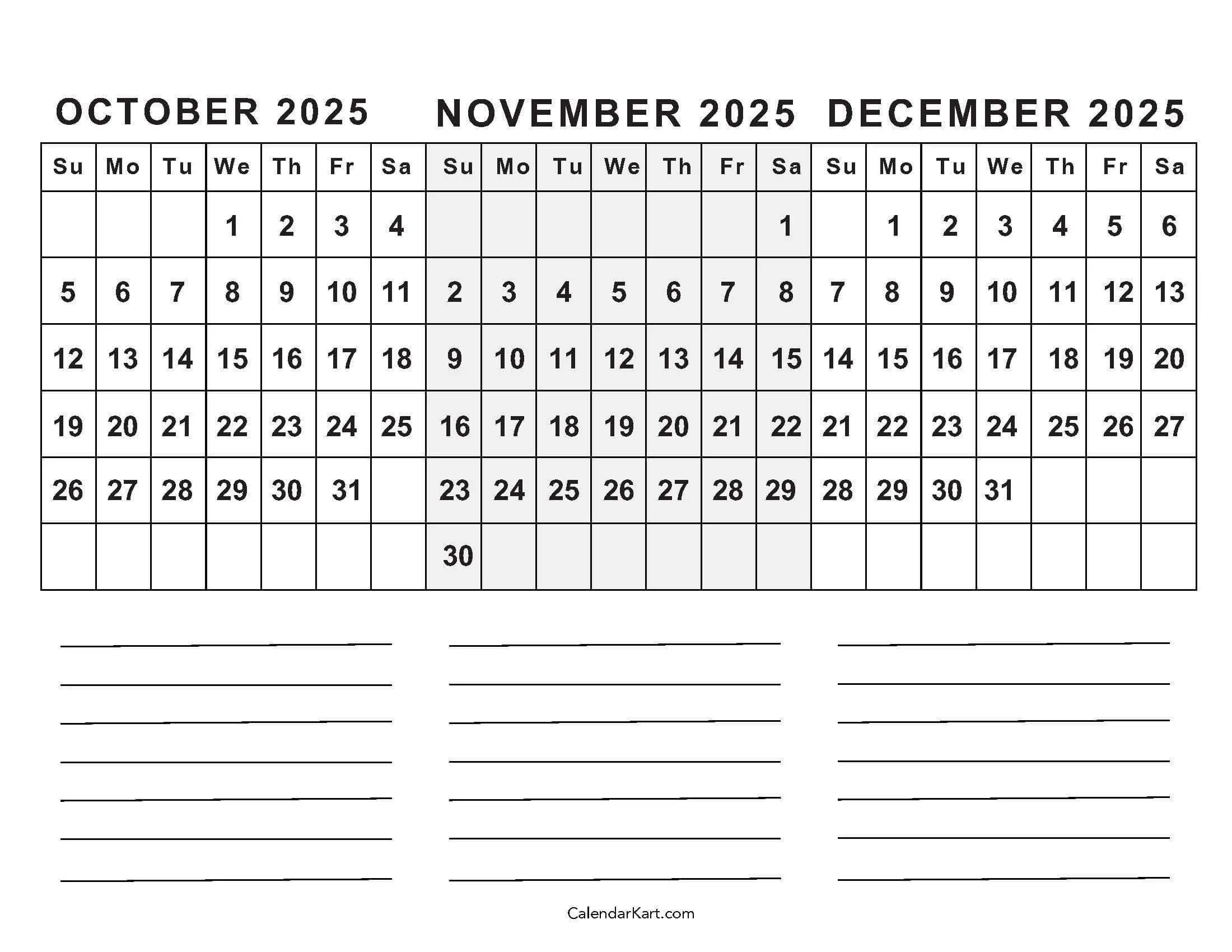 Printable October November December Calendar
