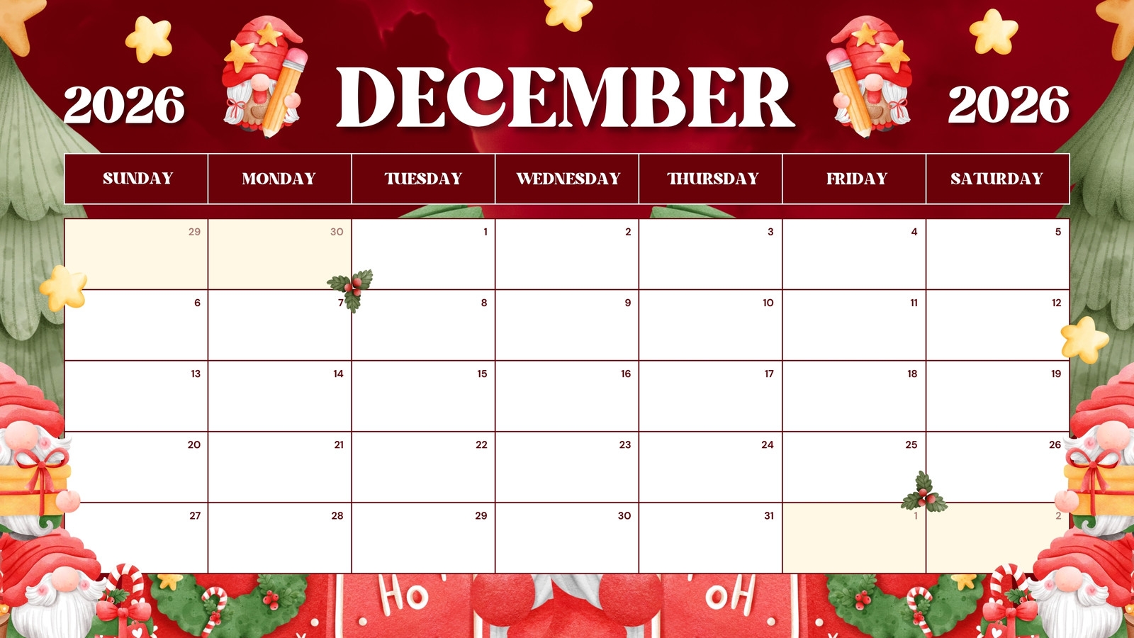 December Christmas Calendar Printable 2026