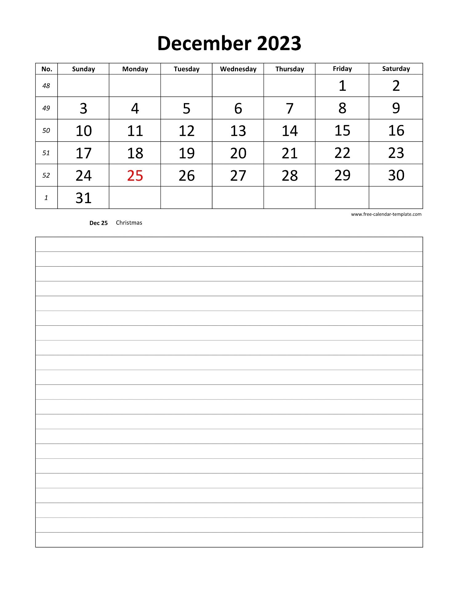 Printable 2023 December Calendar Grid Lines For Daily Notes 
