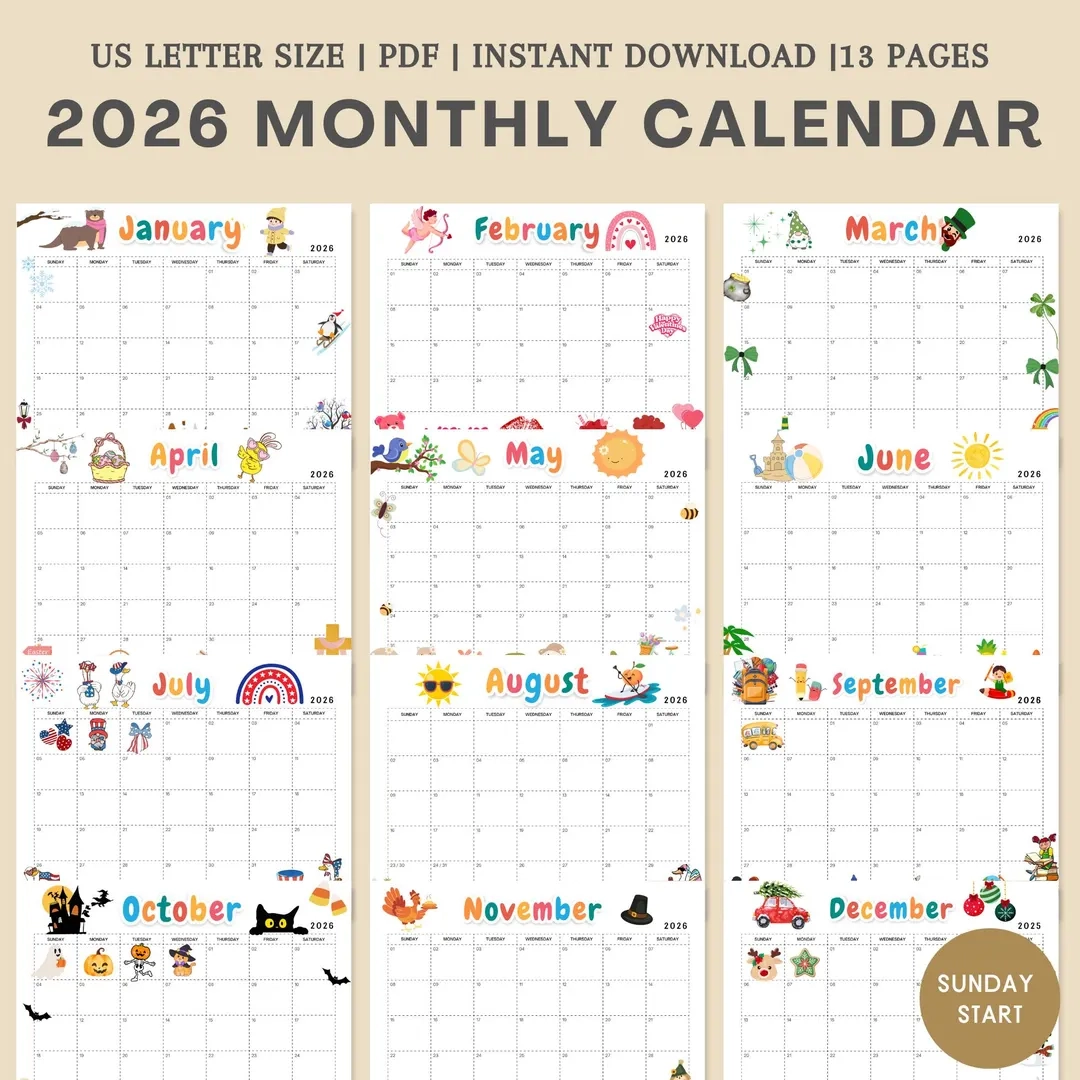 Printable 2026 Calendar Seasonal Calendar 2026 Planner For Kids 