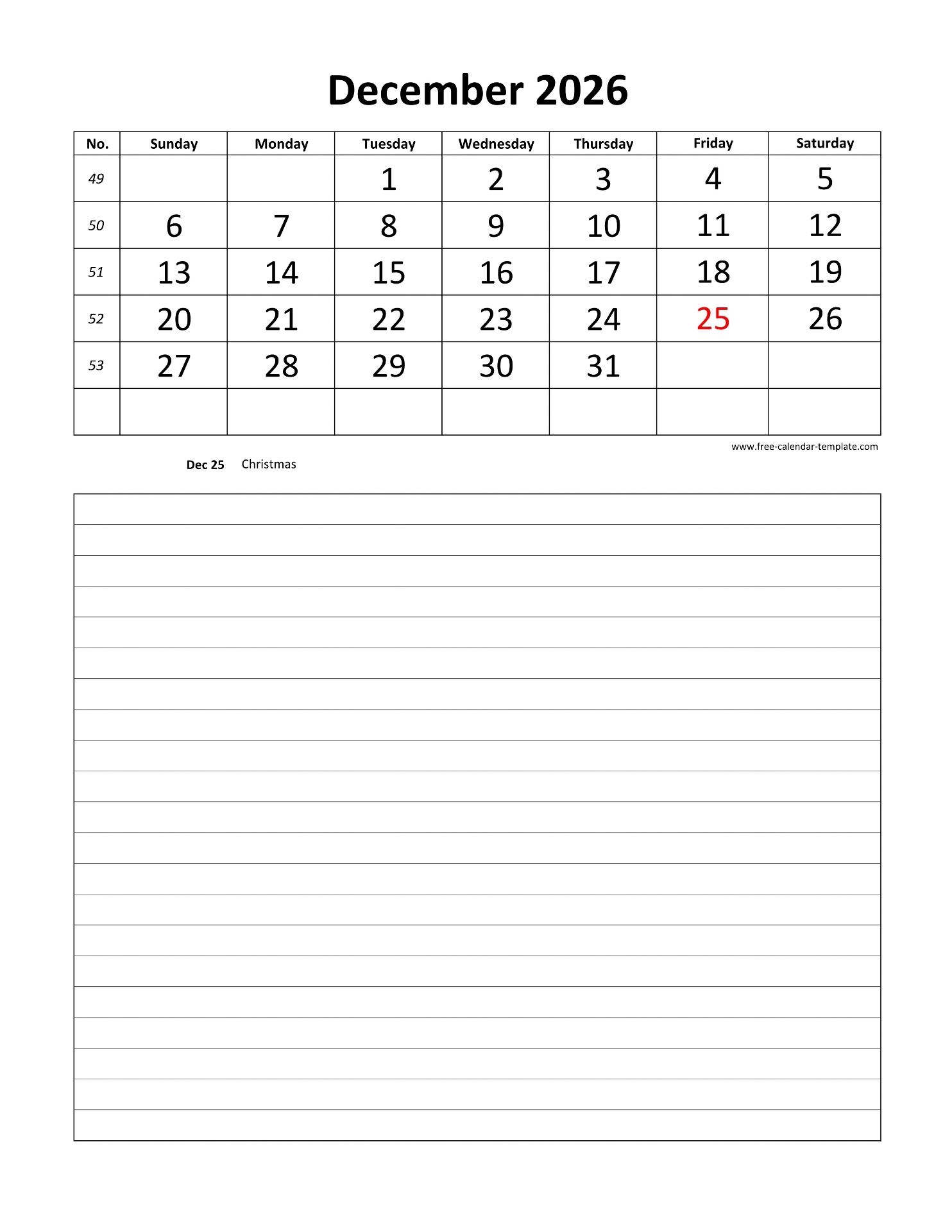 Printable 2026 December Calendar Grid Lines For Daily Notes 