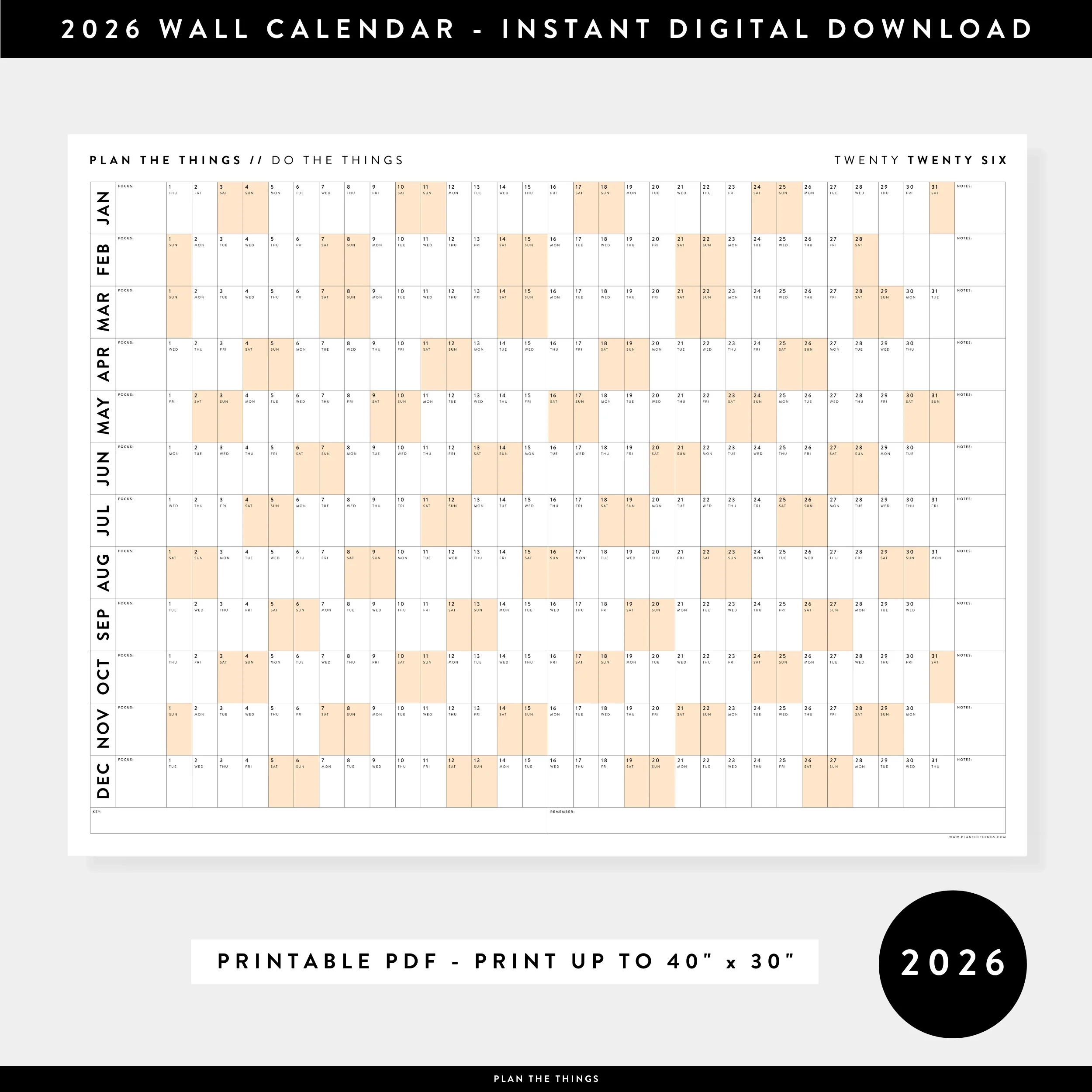 PRINTABLE 2026 HORIZONTAL WALL CALENDAR WITH ORANGE WEEKENDS 