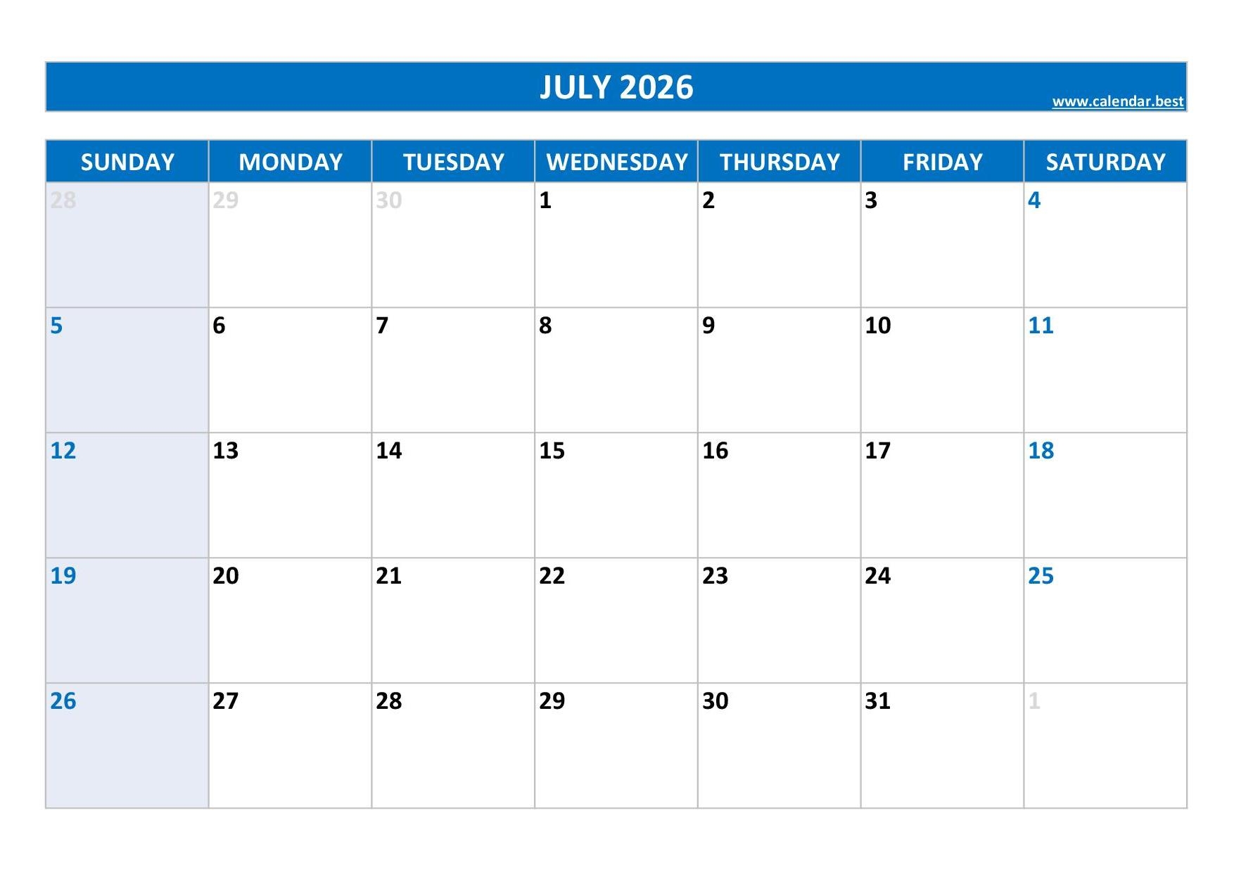 July 2026 Calendar Excel