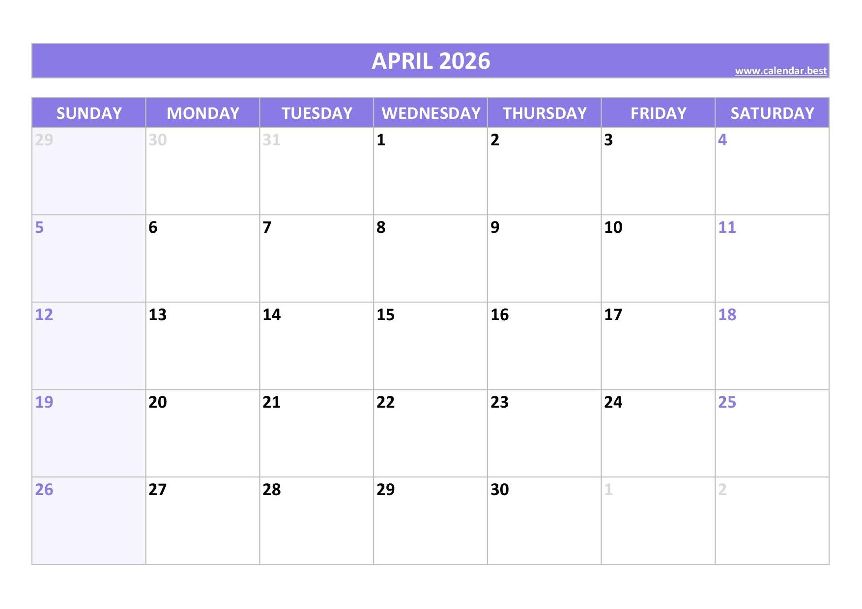 Printable 2026 Monthly Calendar Calendar best