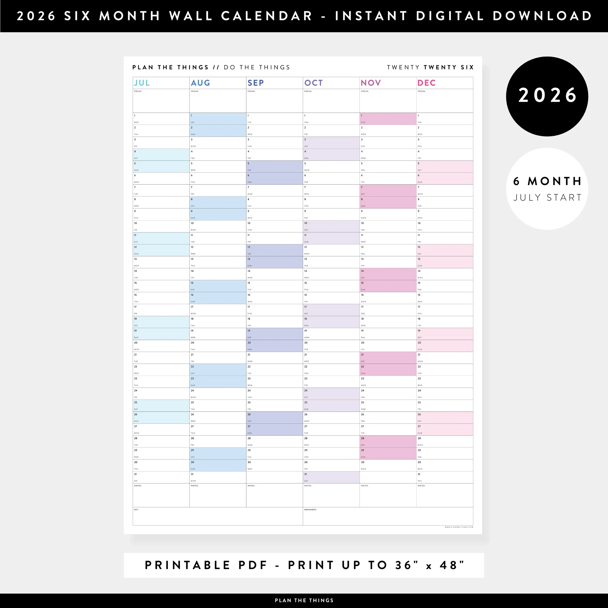 PRINTABLE 2026 SIX MONTH CALENDARS JULY DECEMBER INSTANT 
