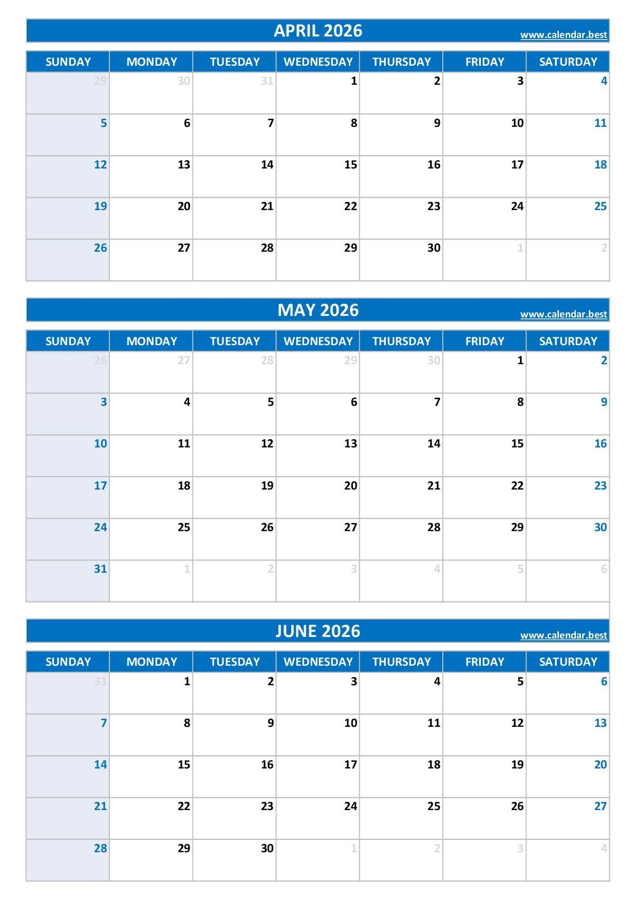 Printable 2nd Quarter 2026 Calendar