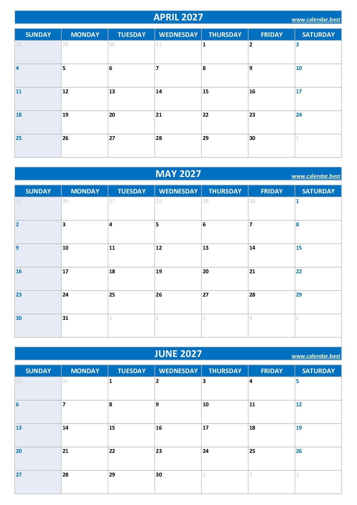 Printable 2nd Quarter 2027 Calendar