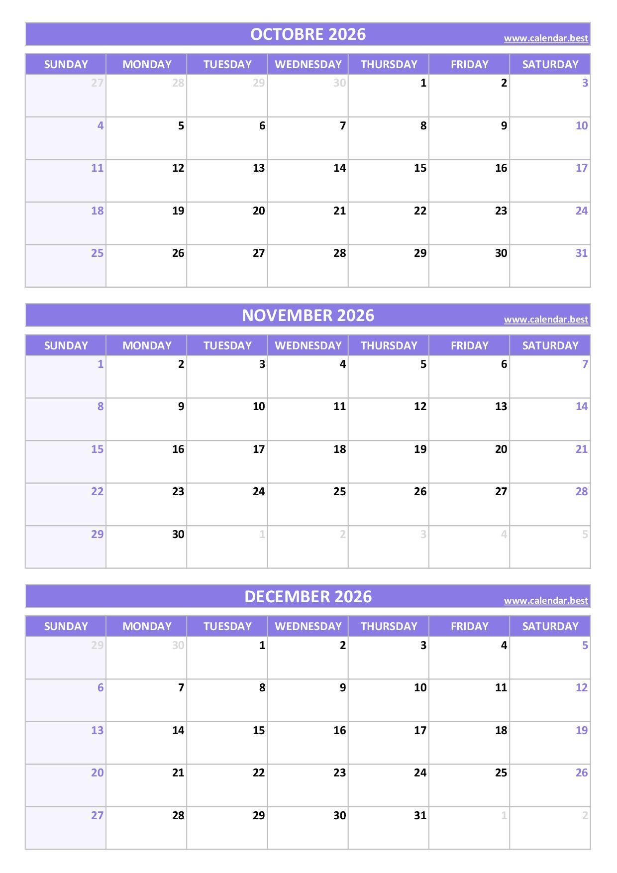 Printable 4th Quarter 2026 Calendar