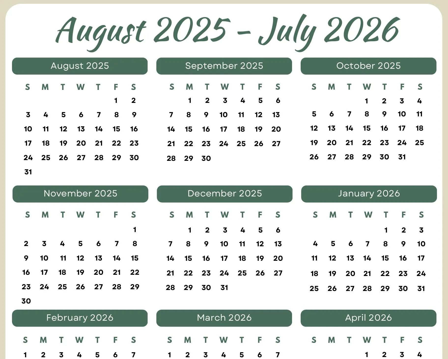 Printable August 2025 july 2026 Calendar With Instant Download 
